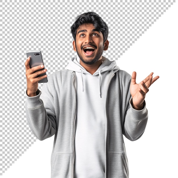 PSD surprised young pakistani men looking above while holding a phone isolated background