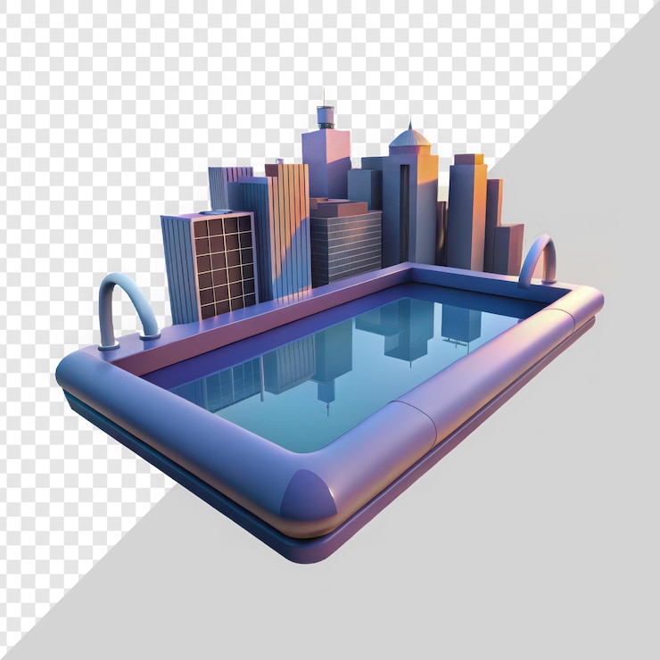 PSD surreal city skyline emerges from inflatable pool blending urban and leisure in vibrant colors
