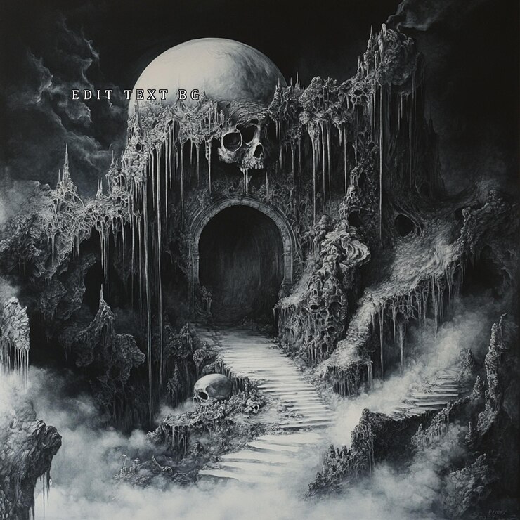 PSD surreal dark fantasy landscape with skull archway and path leading to a mysterious moon