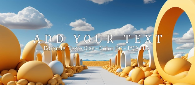 Surreal desert landscape with yellow arches and white clouds in the blue sky