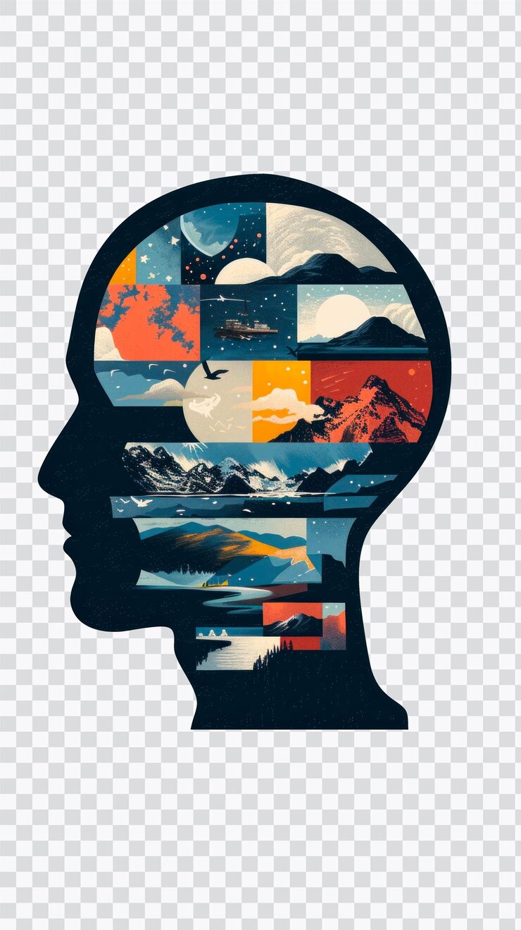 PSD surreal digital illustration of a human profile with vibrant colorful clouds forming her hair conveying imagination and creativity