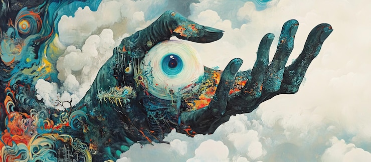 PSD surreal hand holding an eye in the clouds