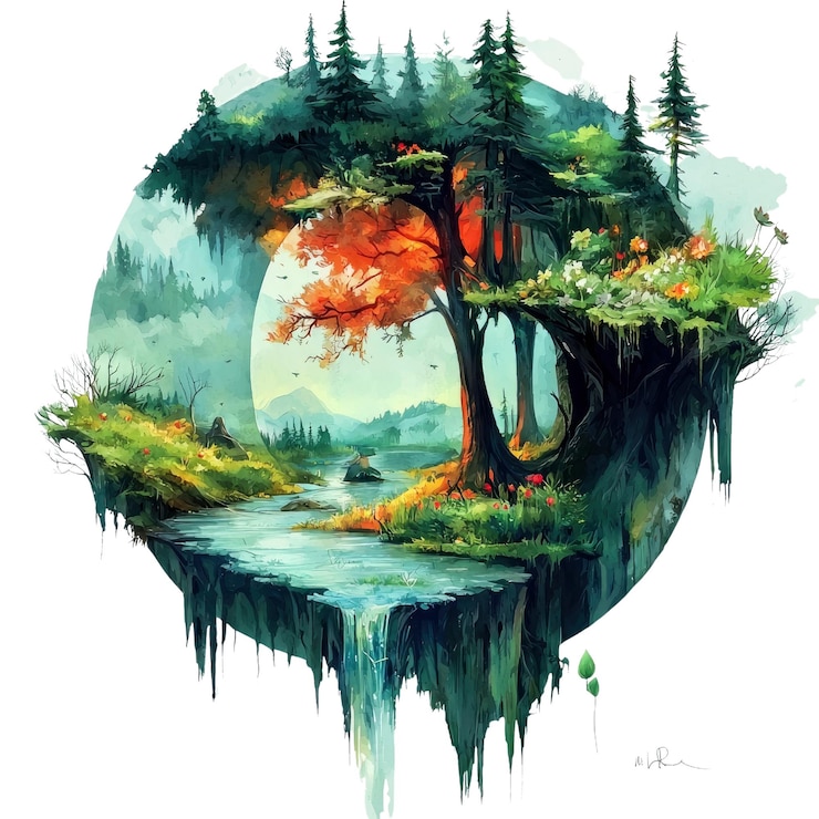 PSD surreal landscape with forest and stream in a circle
