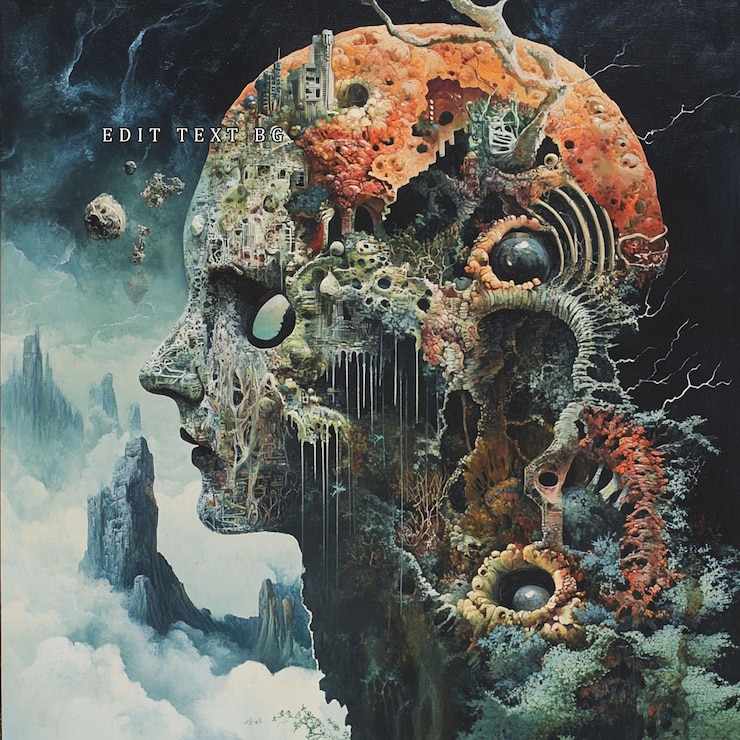 PSD surreal profile portrait head transformed into a decaying landscape with miniature structures and celestial elements