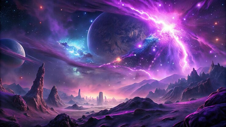 PSD surreal purple galaxy landscape with glowing stars