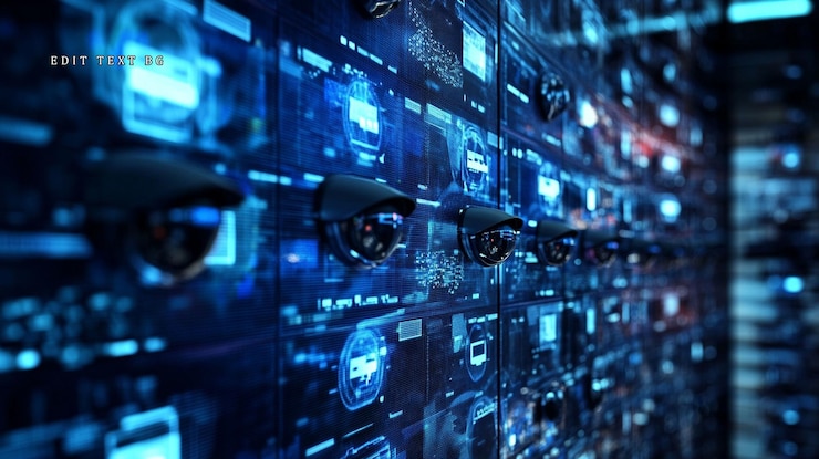 PSD surveillance cameras monitoring digital data on a large screen