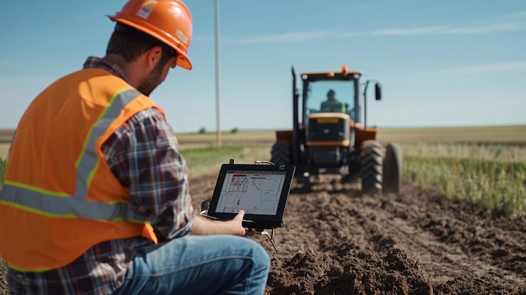 PSD surveyor using tablet tractor in background farmland