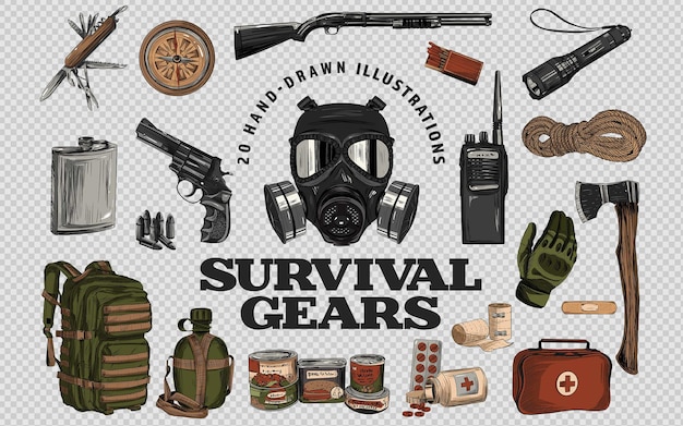 PSD survival gears survivalist military illustration set