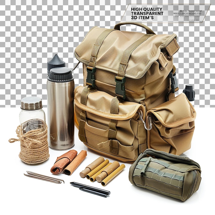 PSD survival kit a kit containing essential items for survival on transparent background