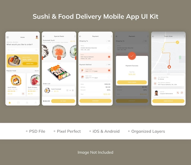 PSD kit dell'interfaccia utente dell'app mobile per la consegna di cibo per sushi