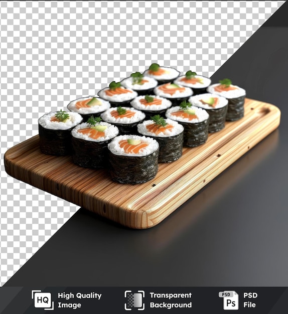 PSD sushi maki wooden board mockup on a black background