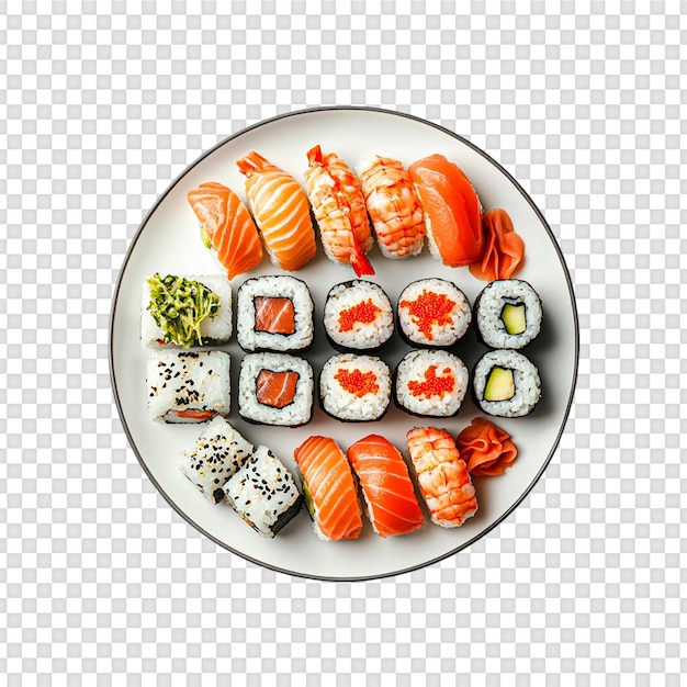 Sushi op een bord, zicht boven, geïsoleerd op een doorzichtige achtergrond
