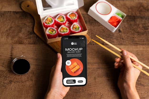 PSD sushi order and smartphone mockup
