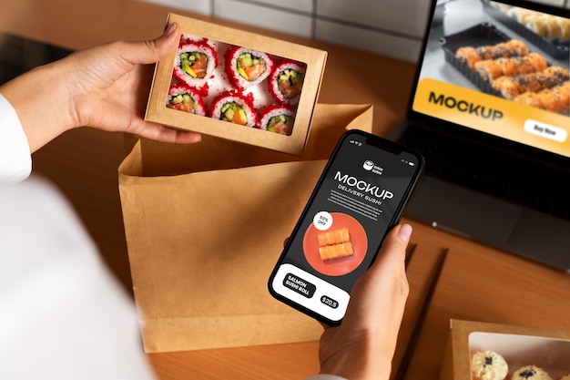 PSD ordine di sushi e mockup di smartphone