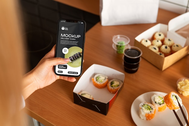 PSD ordine di sushi e mockup di smartphone