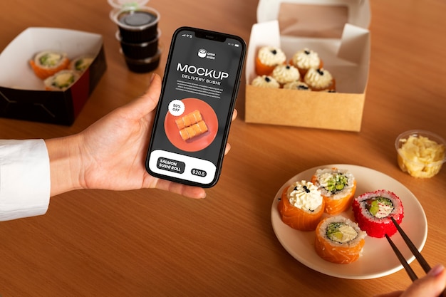 PSD ordine di sushi e mockup di smartphone