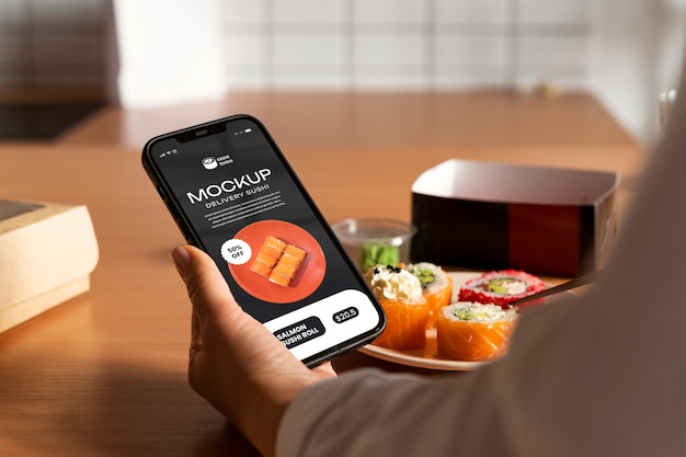 PSD ordine di sushi e mockup di smartphone