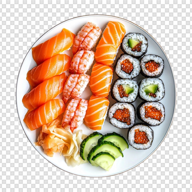 Sushi on a plate top view isolated on transparent background