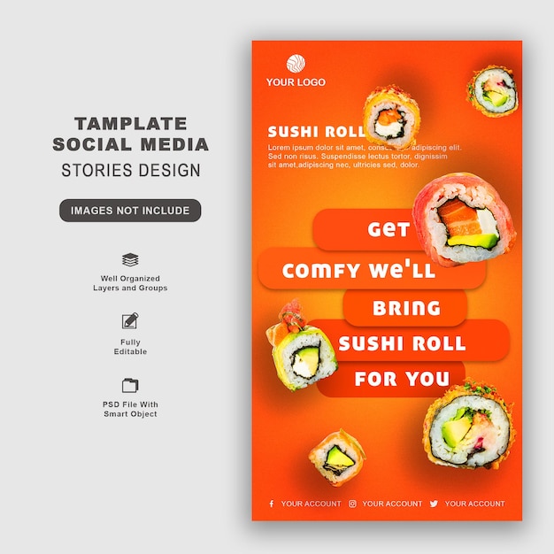 PSD sushi roll salmon post stories template dla japońskiej kuchni spożywczej