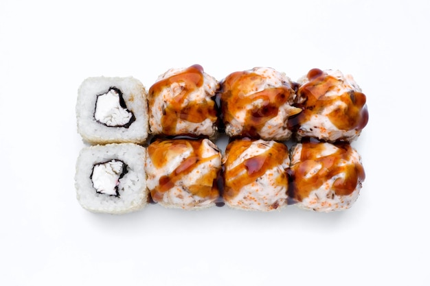 Sushi Rolls Japońskie potrawy maki na białym tle Idealne do stosowania w menu komercyjnym żywności