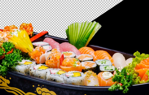 sushi sashimi set in a wooden boat on a brown