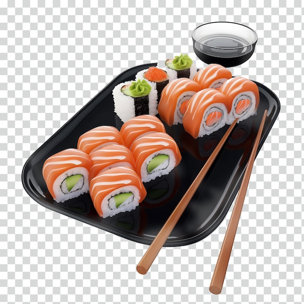 sushi set with salmon and rice rolls on a black plate