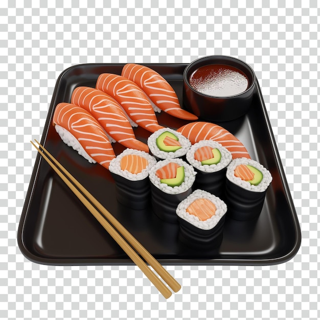 검은 접시 에 연어 와  롤 을 넣은 수시 세트