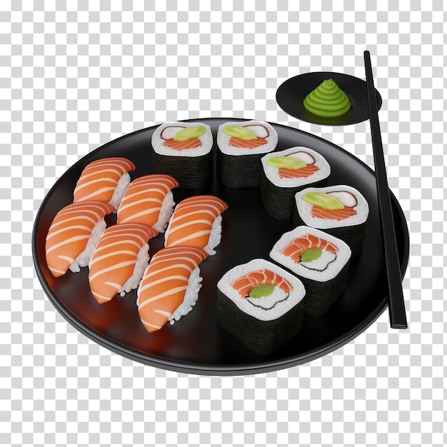 Sushi z łososiem i rolkami ryżowymi na czarnym talerzu