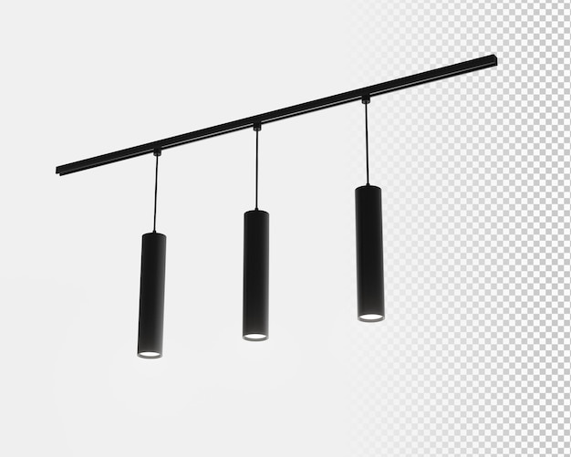 Plafoniere sospese o faretti a binario rendering 3d mockup realistico di lampadario a sospensione con tubi lunghi in metallo nero per interni dal design moderno isolati su sfondo bianco