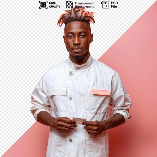 PSD suspicious showing listen gesture holding card with hair clippers young african american barber uniform standing in front of pink wall png