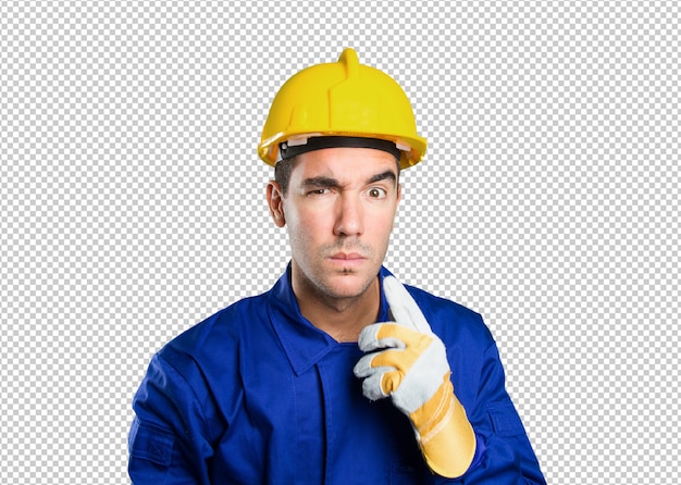 Suspicious worker on white background