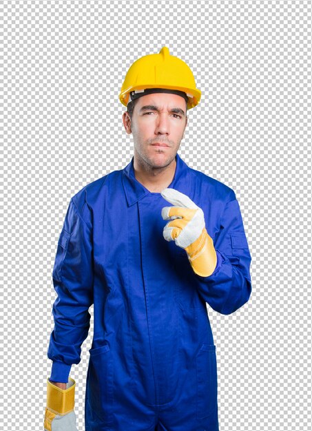 Suspicious workman on white background