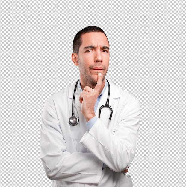 PSD suspicious young doctor thinking