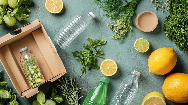 PSD sustainable lifestyle flat lay with recyclable bottles cardboard box and fresh produce