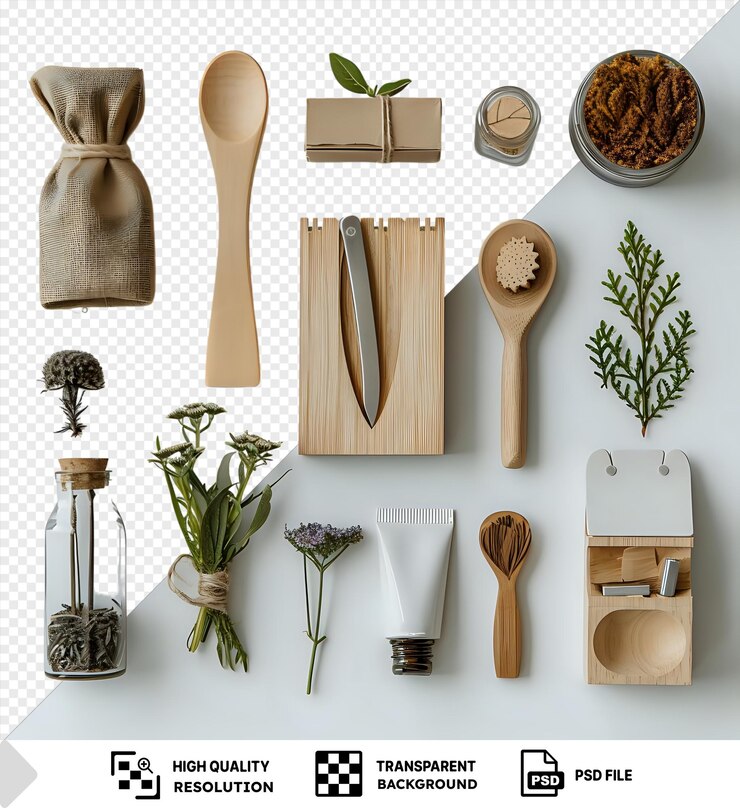 PSD sustainable living products set up on a white wall accompanied by a purple flower and a wooden spoon