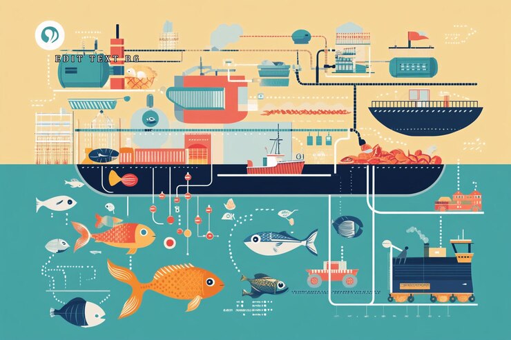 PSD sustainable seafood supply chain infographic showing fishing processing and distribution
