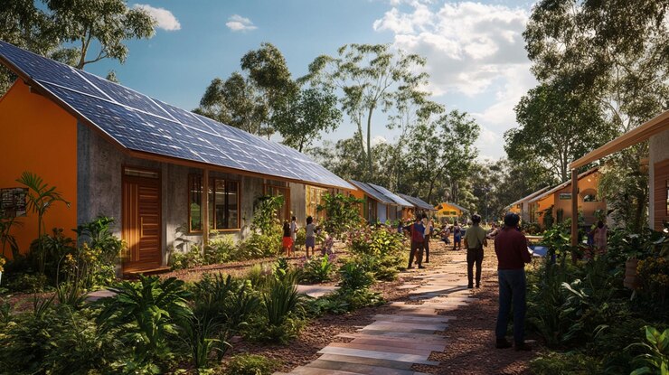 PSD sustainable village with solarpowered homes people interacting lush greenery