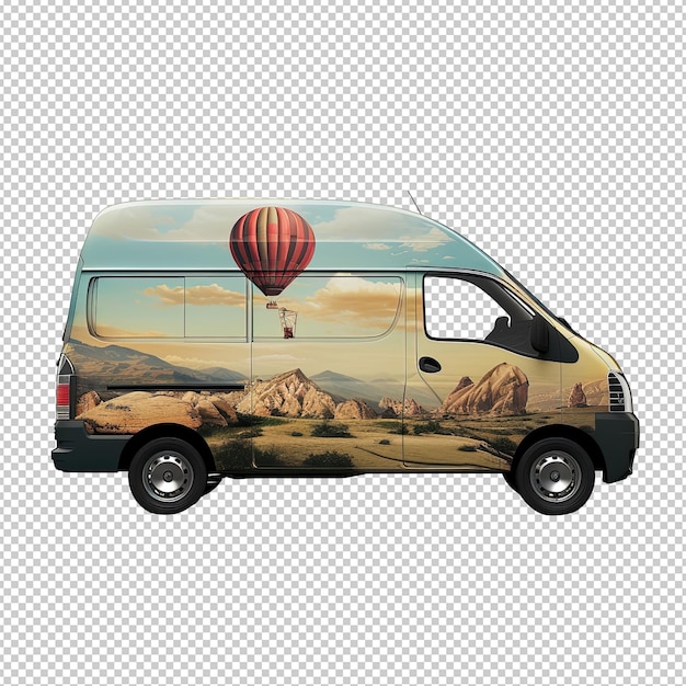 a suzuki eco panel van on white background decorated with image of hot air balloon hovering over barren landscape v 6 Job ID fbb8954f54cd4ebcaab293238d7d812c