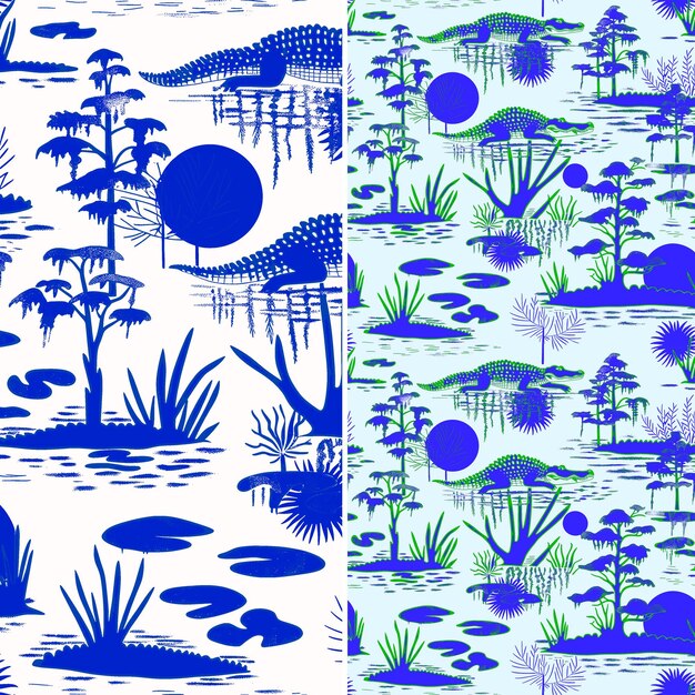 Swamp Patterns With Alligator Cypress Tree and Spanish Moss PNG Traditional Abstract Designs