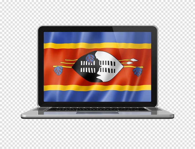 Swaziland flag on laptop screen isolated on white 3D illustration
