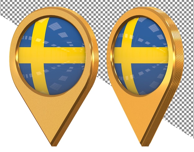 PSD 다른 각도의 3d 렌더링으로 분리된 스웨덴 위치 아이콘 플래그