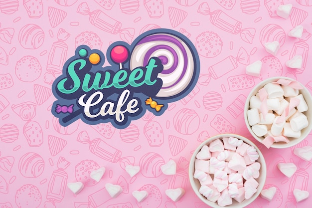 PSD sweet cafe and bowls with sugar hearts