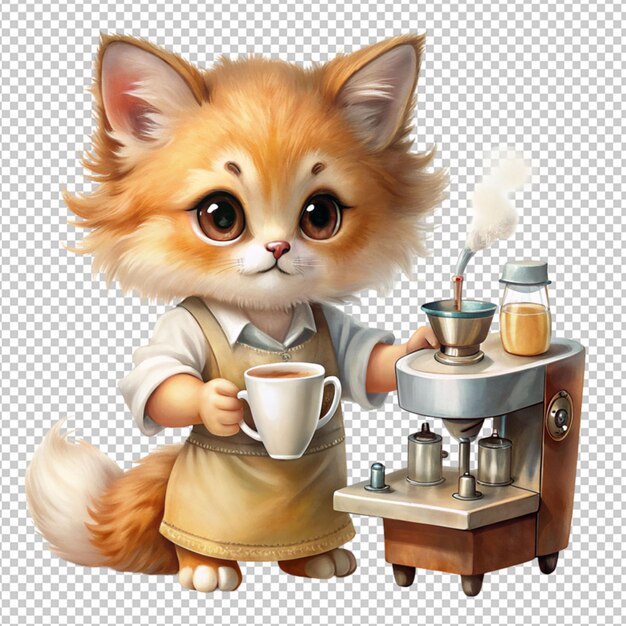 PSD sweet cartoon cat holding coffee cattle on transparent background