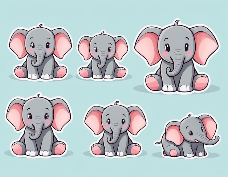 PSD sweet cartoon elephant with gentle expressions cute poses with raised trunk and relaxed look