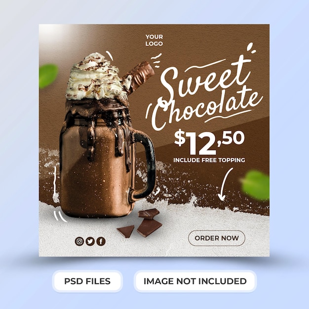 Modello di bevanda al cioccolato dolce per la promozione dei post sui social media psd premium