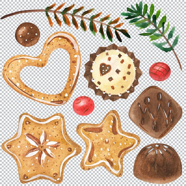 PSD sweet christmas bundle with ginger cookies and candies watercolor graphic elements layered pic