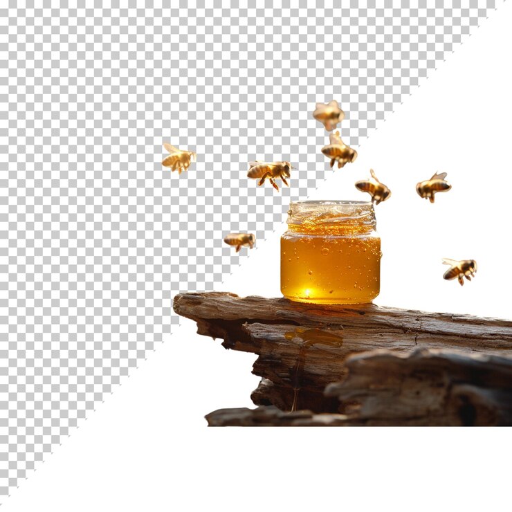 PSD 甜蜜瓶和蜜蜂孤立在透明的背景上自然