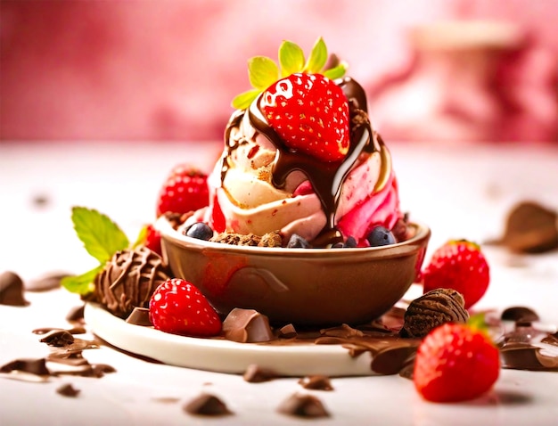 PSD sweet ice cream cone with strawberry generative ai