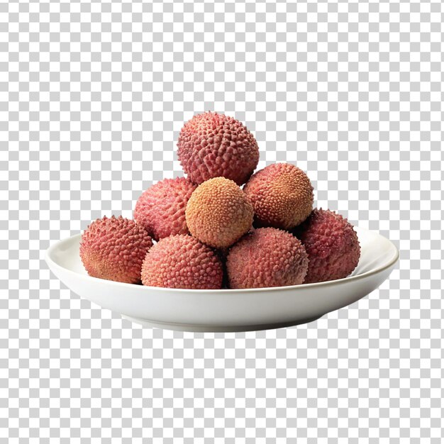 PSD sweet lychees in white plate isolated on transparent background