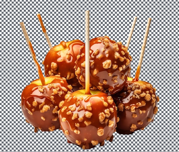 Sweet and magnificent caramel apples isolated on transparent background